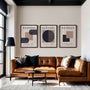 navy and beige geometric bauhaus poster set with bands in office