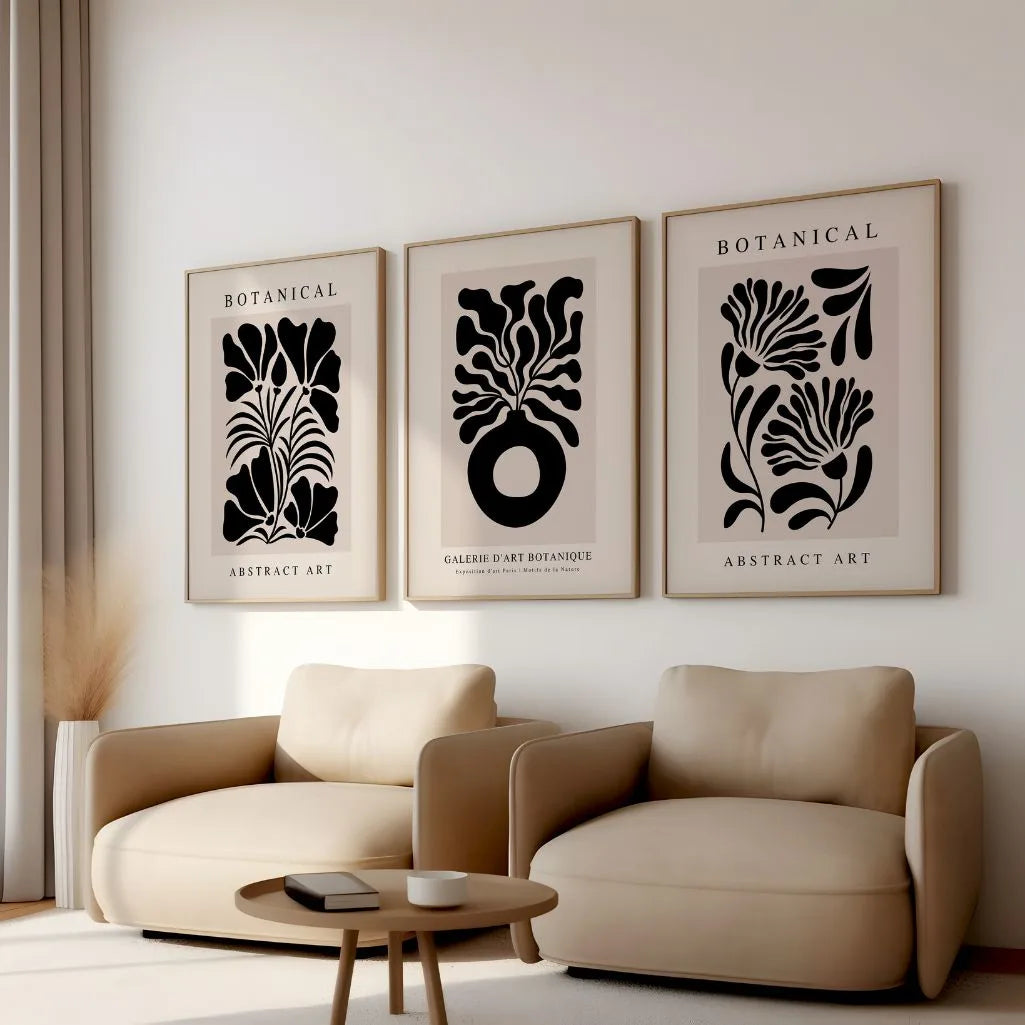 black abstract botanical poster set modern living room wall decor
