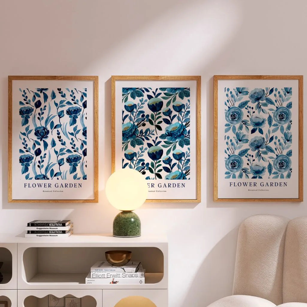 blue floral poster set gallery wall botanical pattern prints modern decor