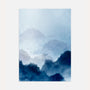 Blue mountain mist poster with layered silhouettes in soft blue and white tones