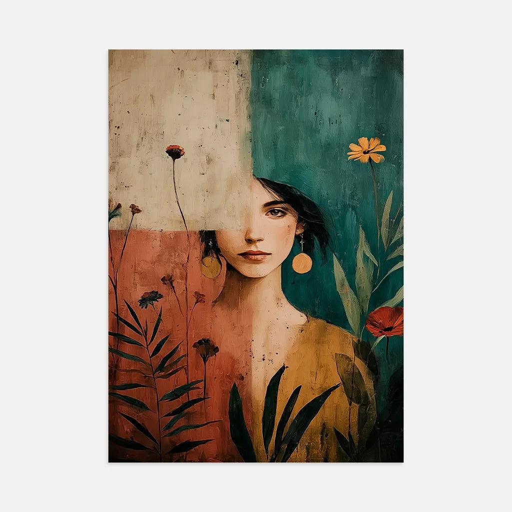 boho woman portrait poster in terracotta beige and deep green tones for modern living room decor