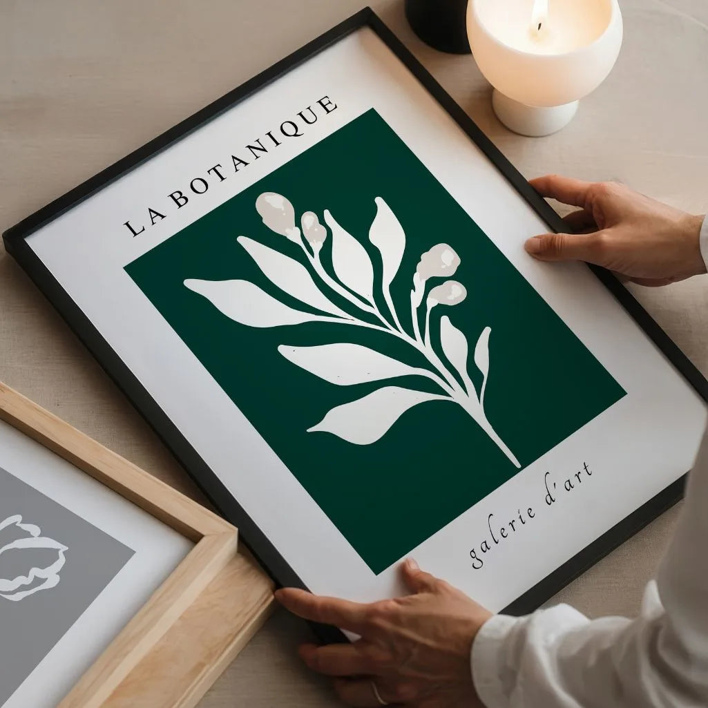 emerald botanical poster gallery wall refined interior decor