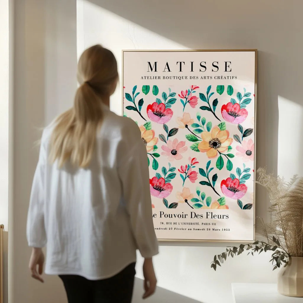 Colorful garden poster with vibrant flowers styled in modern living room interior
