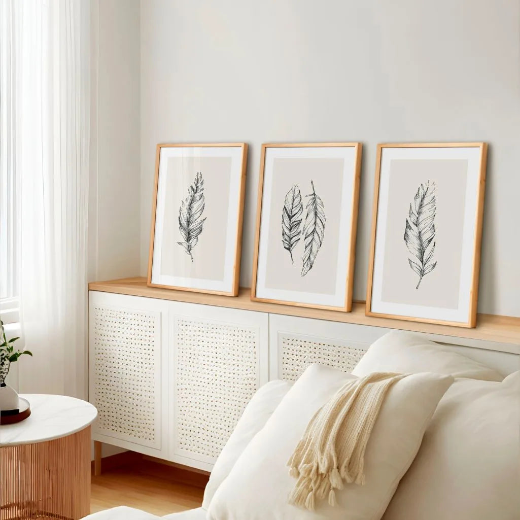 feather illustration poster set of 3 black beige scandinavian minimalist decor