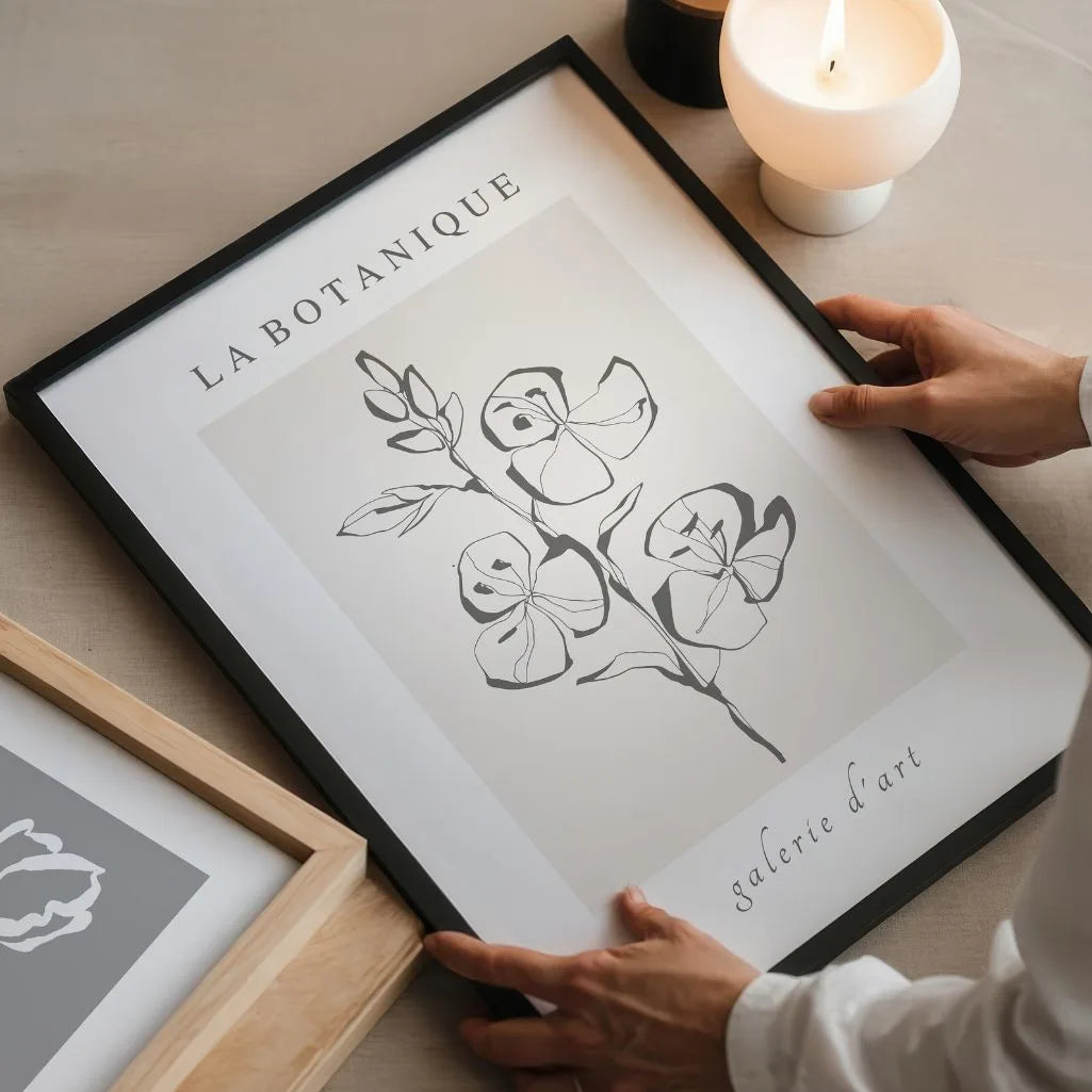 Floral line art poster styled in modern minimalist living room interior
