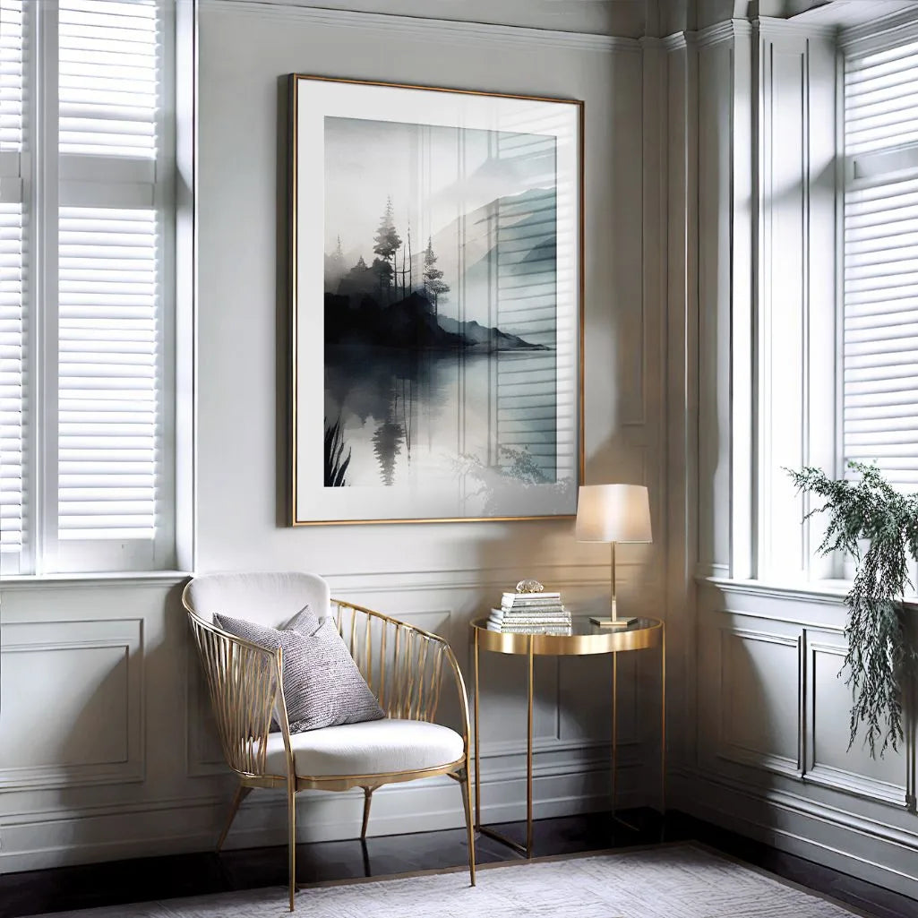 Close up of watercolor forest island poster showing trees water and layered tones