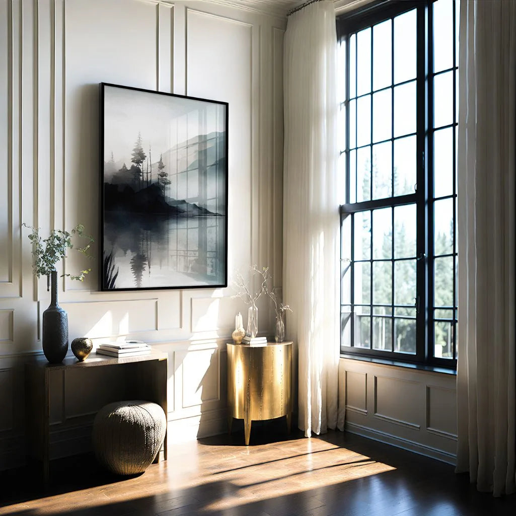 Watercolor forest island poster displayed in gallery wall with calm interior