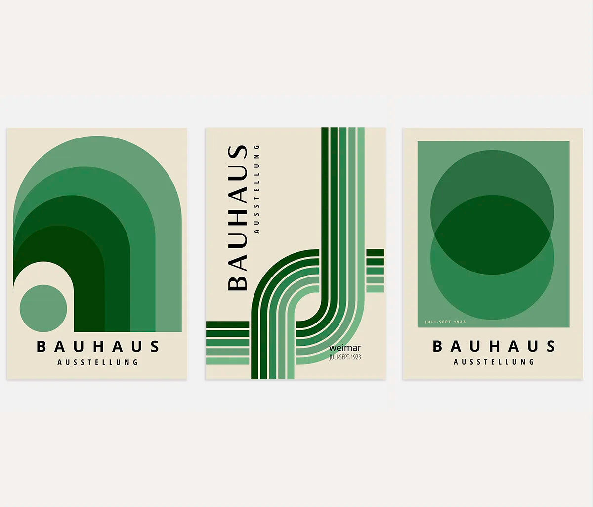 bauhaus poster set of 3 with layered green tones repeating arcs and semicircles on light background