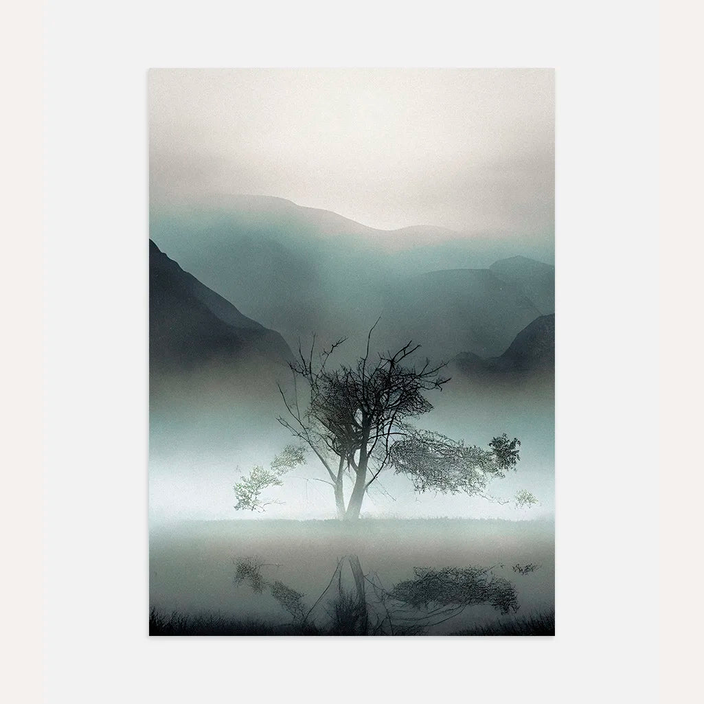 Lone tree poster in minimalist landscape with soft tones and calm atmosphere