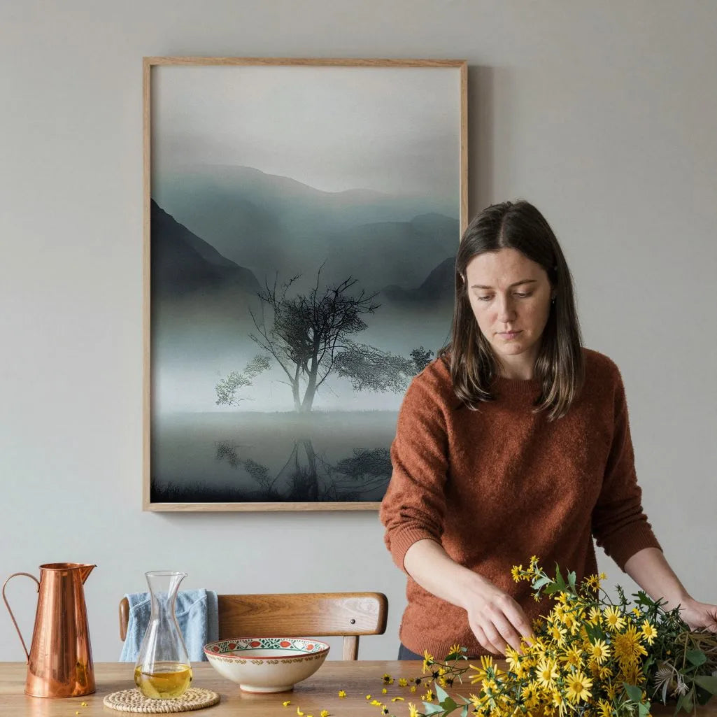 Lone tree minimalist poster styled in calm modern bedroom interior