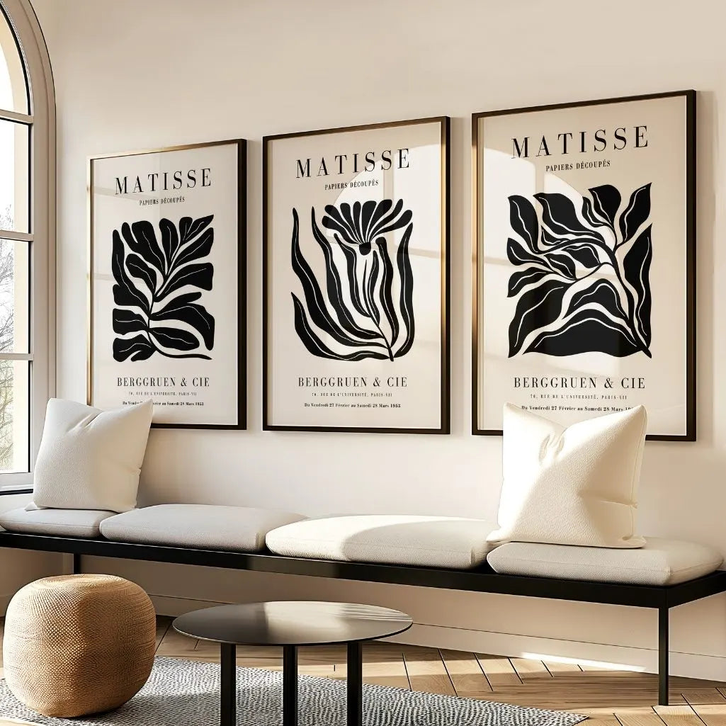 Henri Matisse abstract botanical forms poster set in black and beige tones for modern home decor