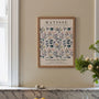 Close up of pastel floral poster showing muted colors and soft watercolor texture