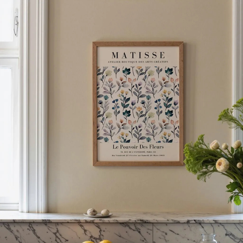 Close up of pastel floral poster showing muted colors and soft watercolor texture