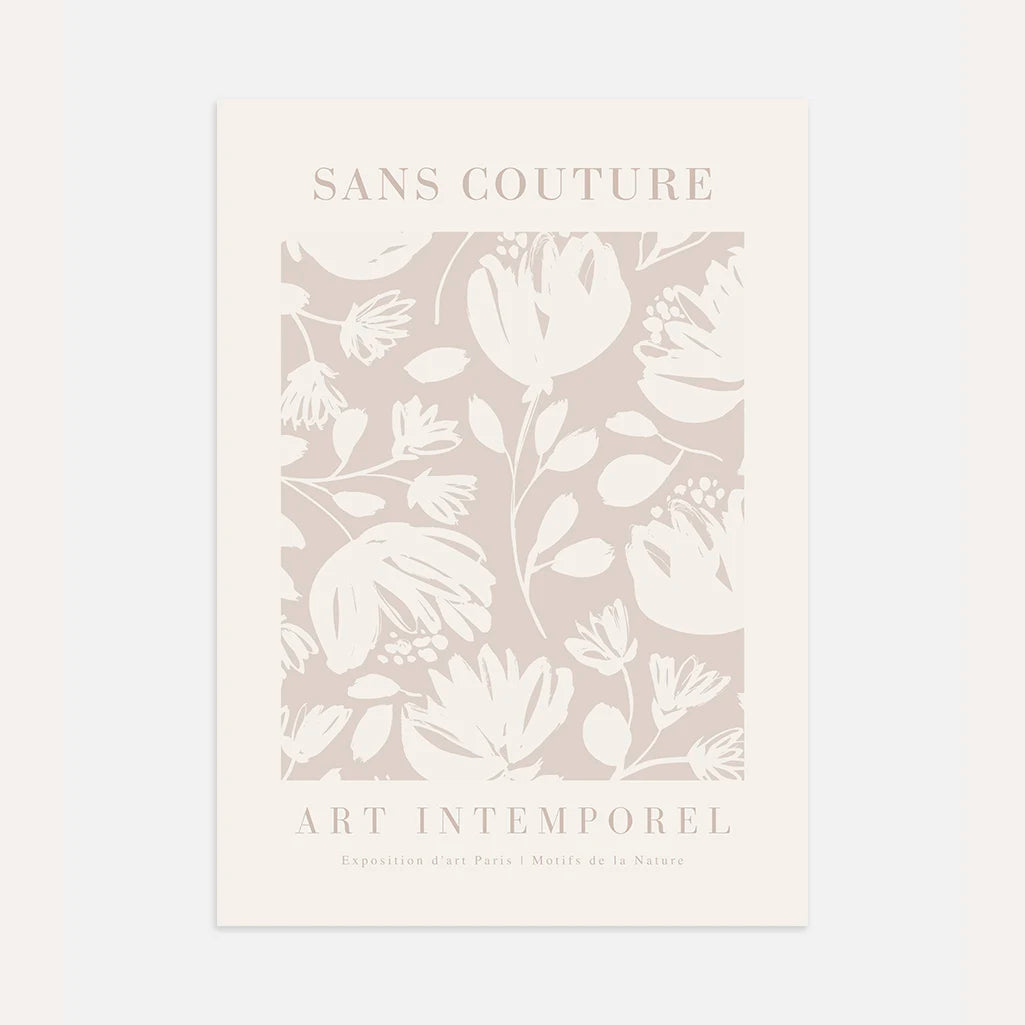 Minimalist floral poster with beige flowers and clean negative space composition
