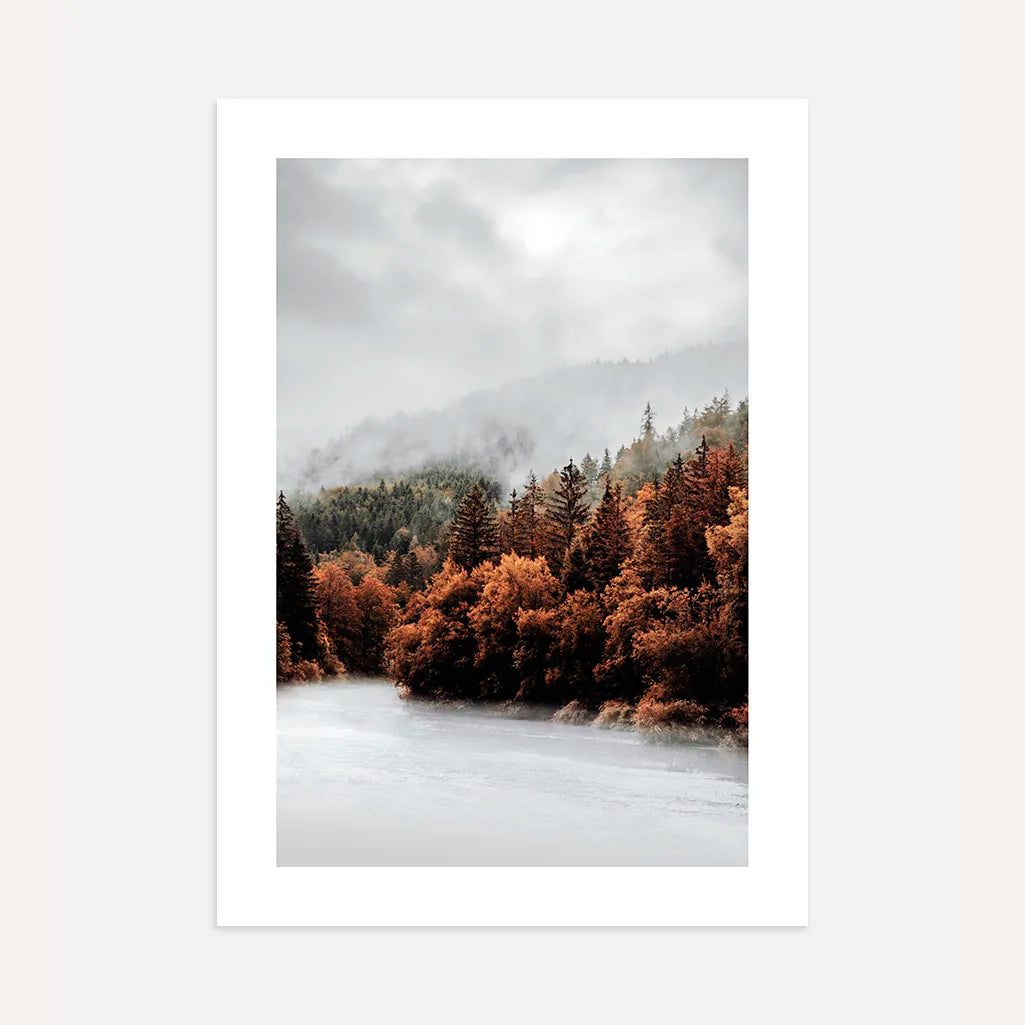 Misty autumn river poster landscape wall art