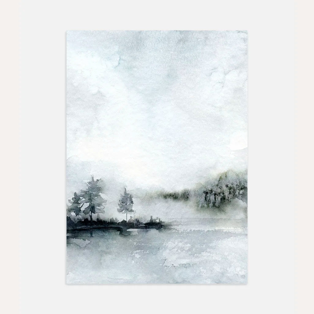 misty lake watercolor poster calm landscape wall art