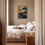 modern botanical wall art with abstract leaves in navy blue and warm gold colors for boho interiors
