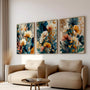 blue and beige flower wall art set in boho style for elegant bedroom and living room interior