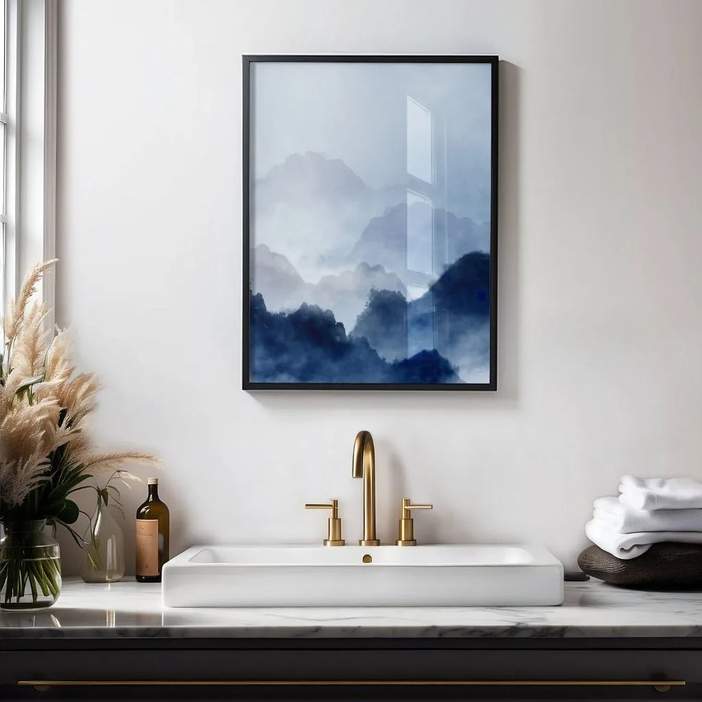 Blue mountain mist poster styled in minimalist bedroom with calm neutral decor