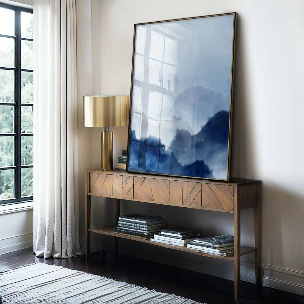 Blue mountain mist landscape poster displayed in gallery wall with minimalist art