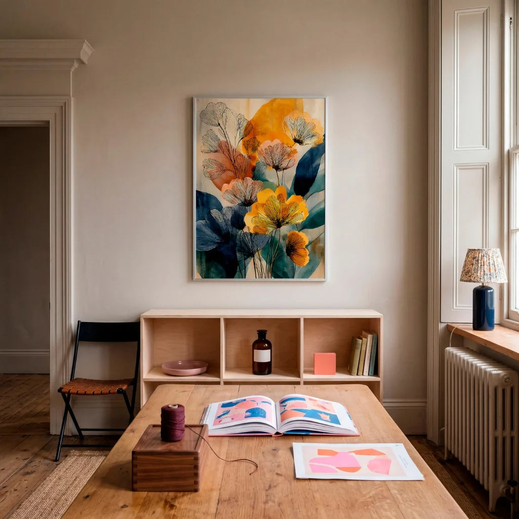 Mustard yellow and teal floral poster creating artistic botanical wall decor for modern living room interiors
