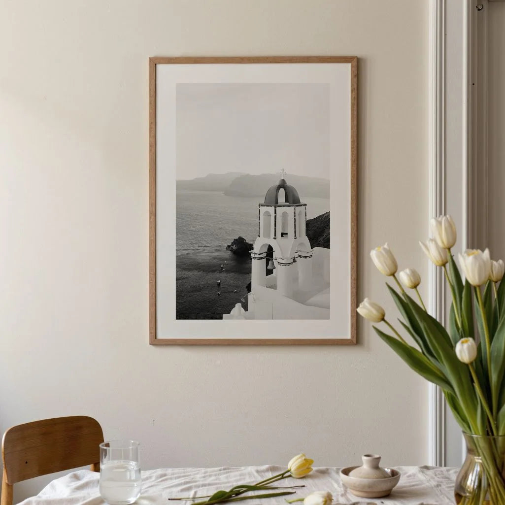 santorini bell tower monochrome detail poster