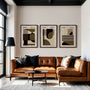 green olive and beige bauhaus poster set arranged in modern gallery wall