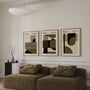 green olive and beige bauhaus wall art set with flowing forms in modern living room