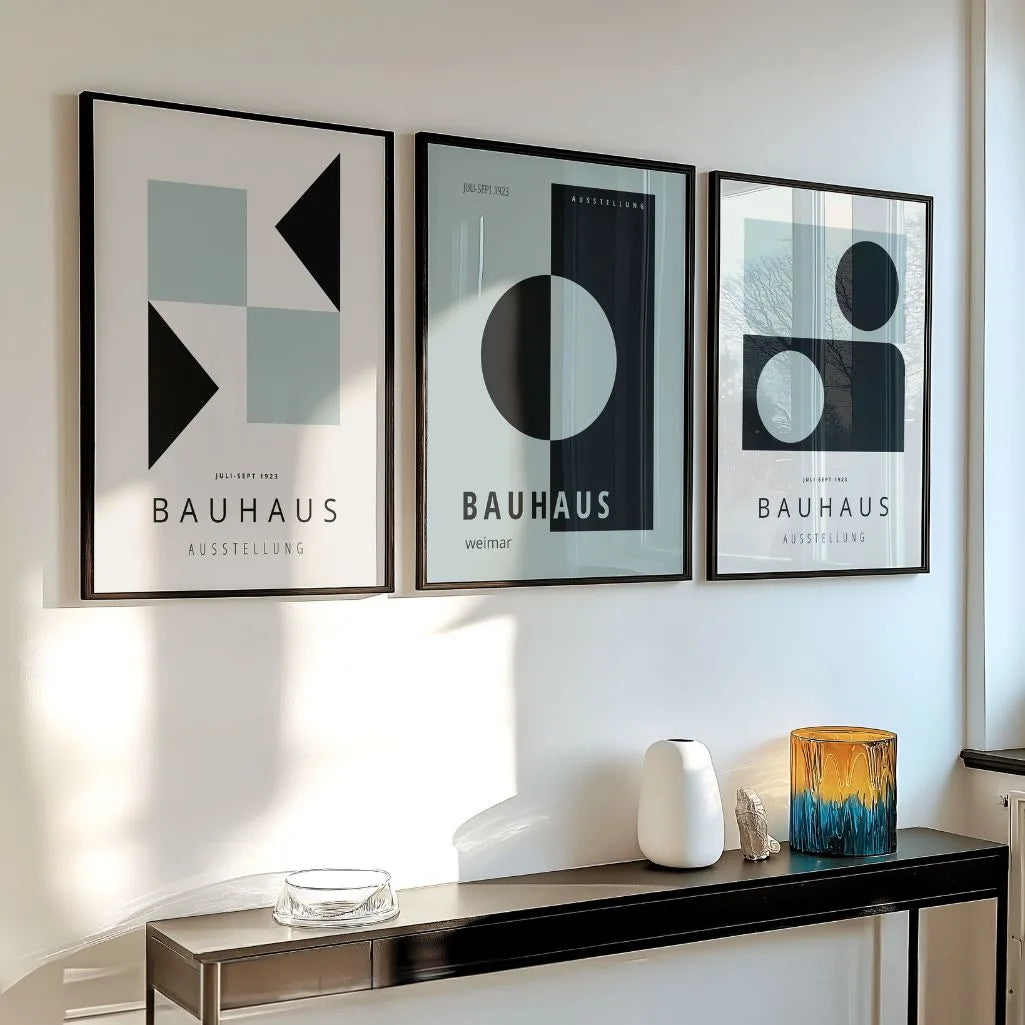 green grey and black bauhaus poster set arranged in modern gallery wall