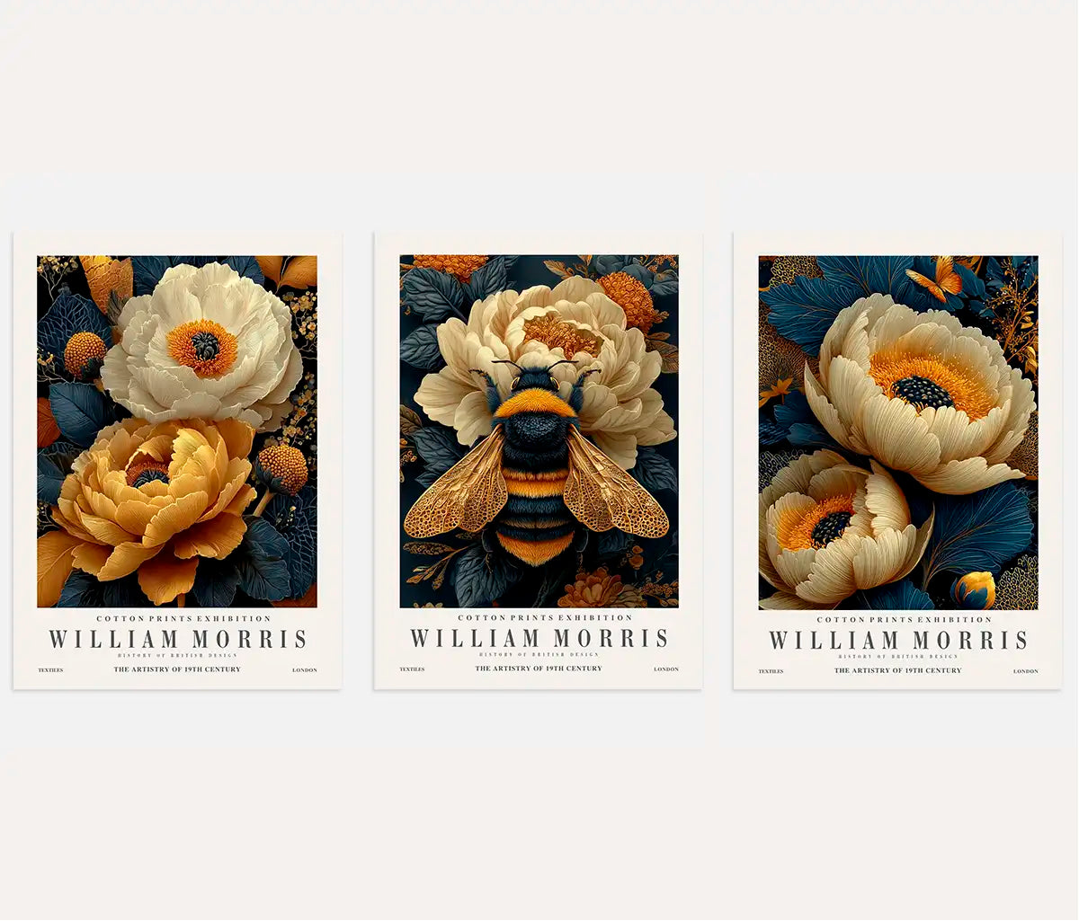 William Morris bee and flower poster set of 3 in gold and dark blue botanical wall art