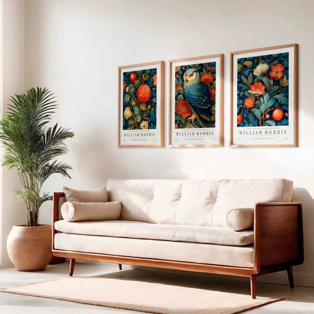 William Morris botanical animal poster set with owl flowers and fruits for wall art