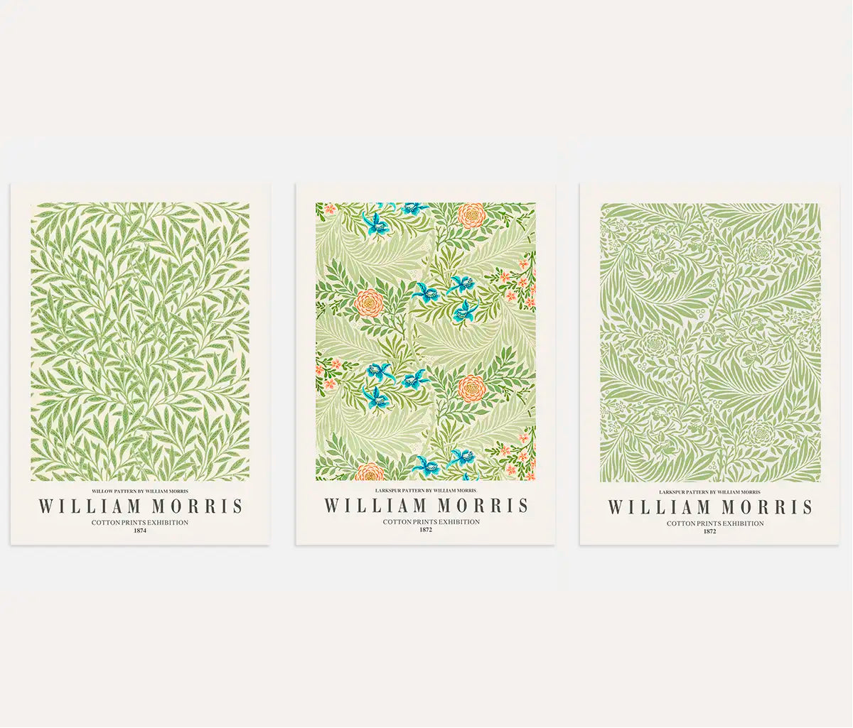 William Morris green botanical pattern poster set of 3 in wallpaper style decor
