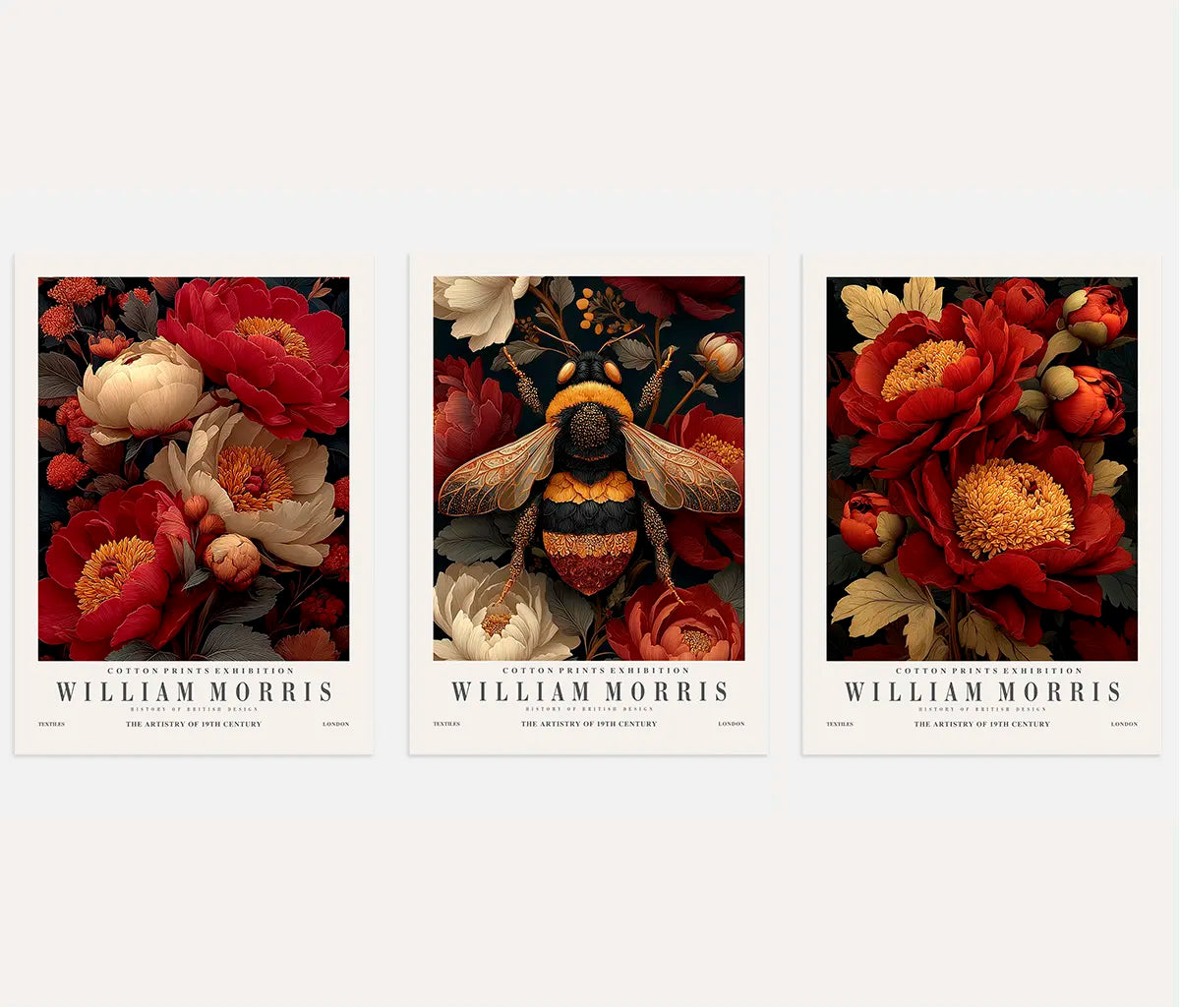 William Morris red flower and bee poster set of 3 in dark botanical wall art style
